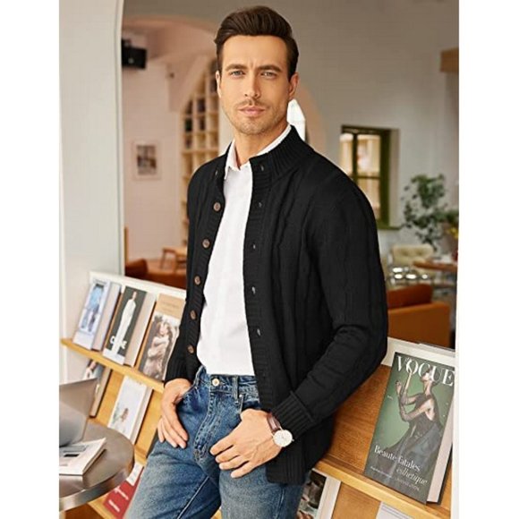 MEN'S Cardigan Sweater Slim Fit Stand Collar Cardigan Casual, Black - Picture 5 of 7